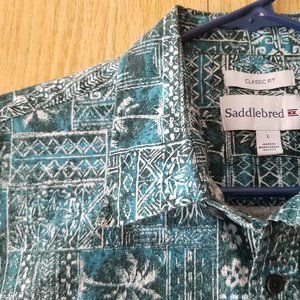 SADDLEBRED Mens Blue Short Sleeve Shirt Sz L tropic tropical caribbean tiki EUC